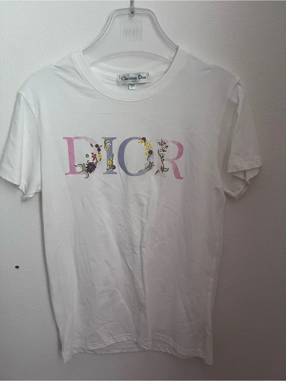 Dior White Tee with Pastel Floral Logo